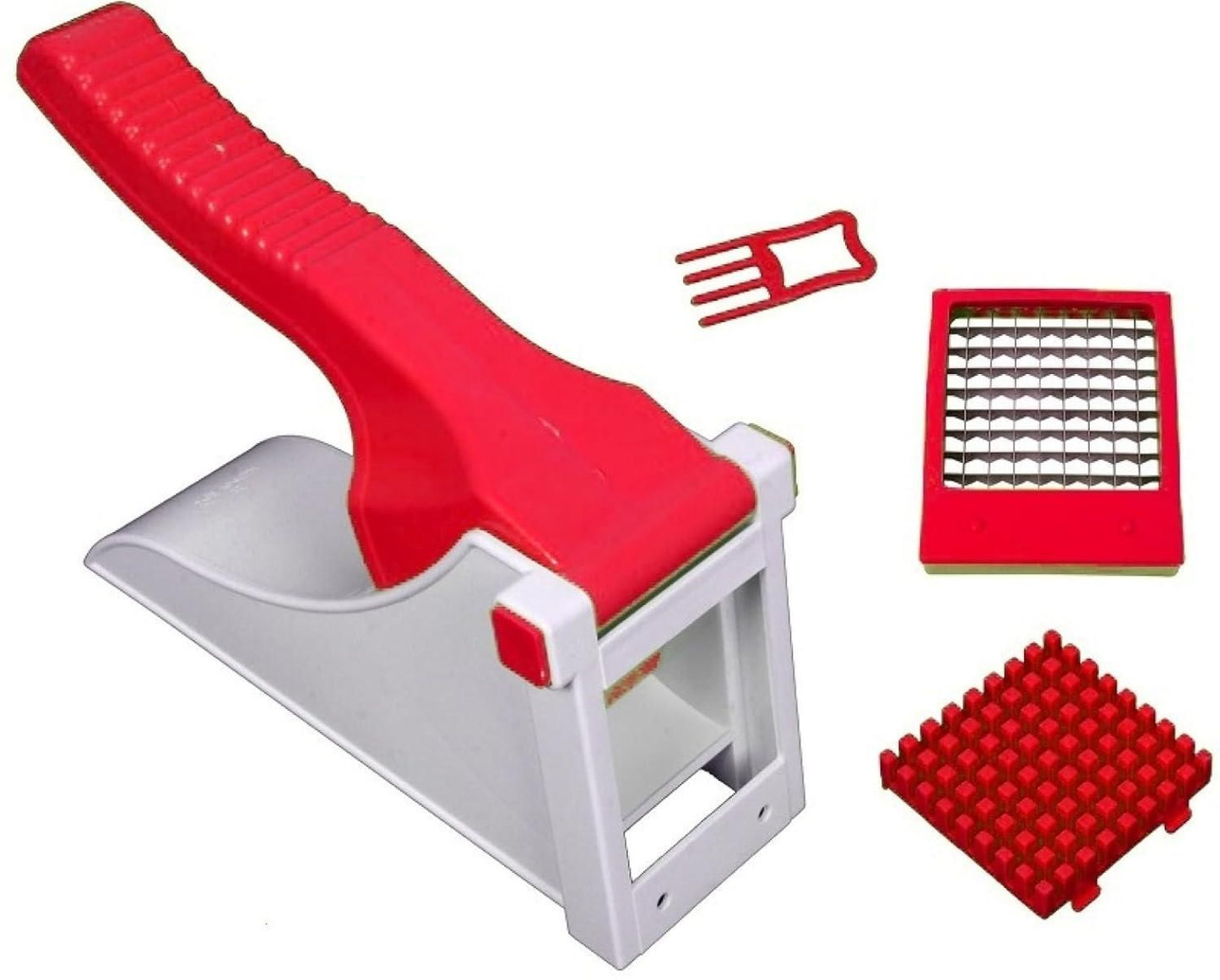 THE GIR FARMER heavy duty vegetable chopper red and white lever press with interchangeable grids and cleaning fork