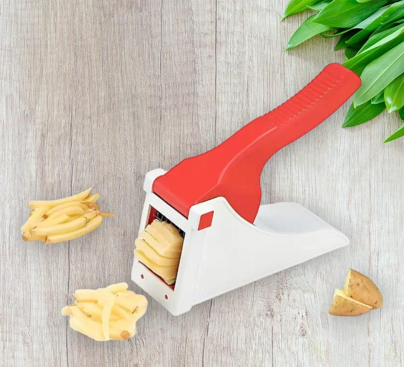 THE GIR FARMER heavy duty vegetable chopper white base with red handle slicing potatoes on wood surface