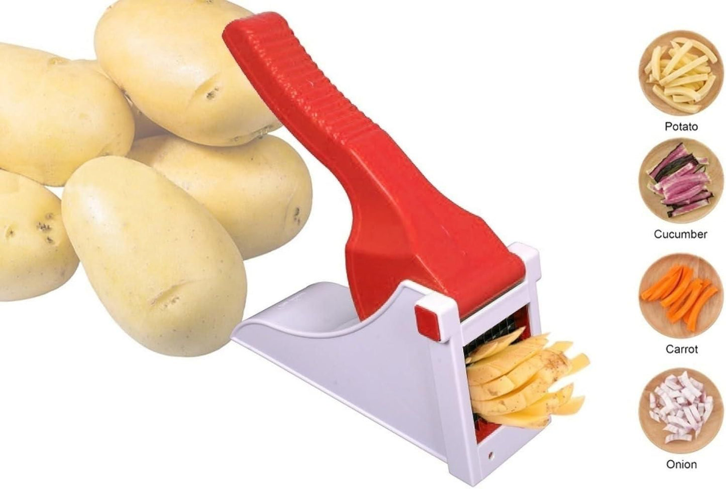 THE GIR FARMER heavy duty vegetable chopper red handheld slicer producing potato fries with white base