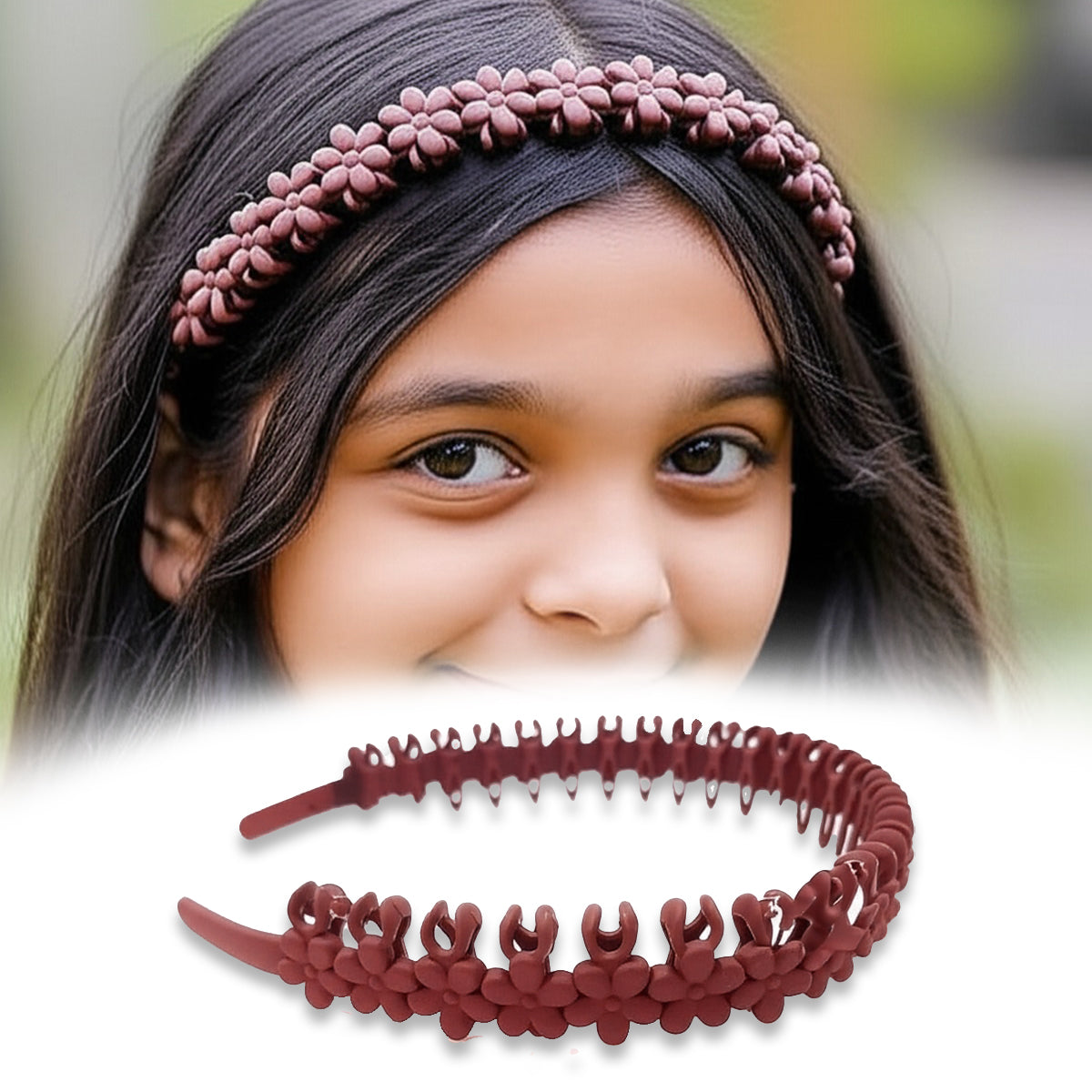 Brown floral Korean style hair accessories headband worn by girl for stylish look