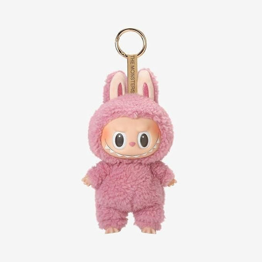 Labubu plush doll keychain with soft pink fluffy bunny costume and adorable face