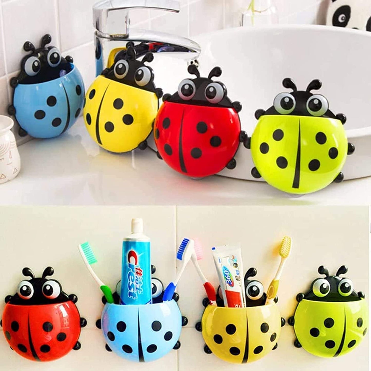 Colorful ladybug toothbrush holder set in red, blue, yellow, and green for fun bathroom organization