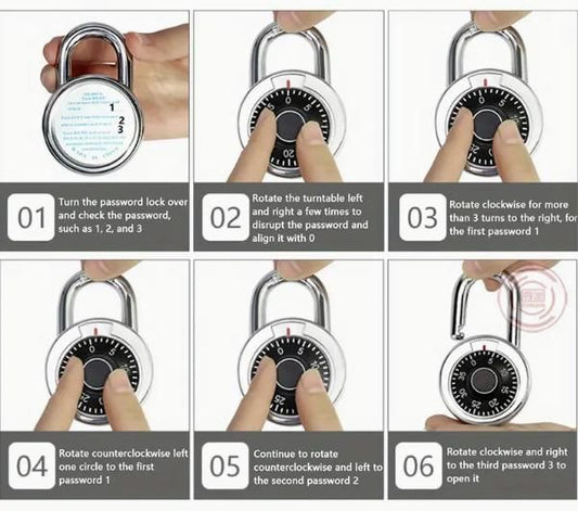 Step-by-step instructions for setting a standard dial combination lock on a silver padlock