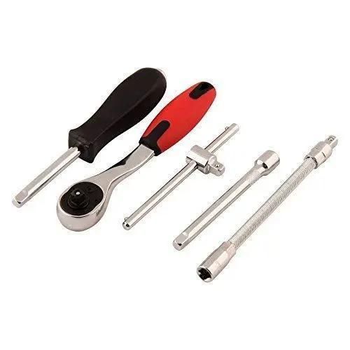 Large all-in-one repair toolkit with ratchet wrench, screwdriver handle, and extension bars in silver and black red