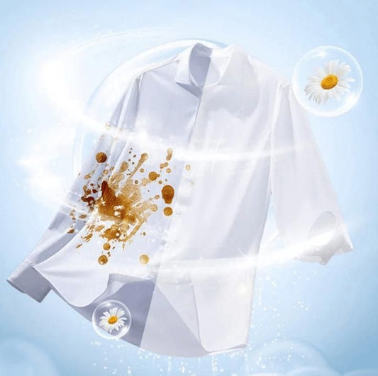 White dress shirt with coffee stain being removed showing bright clean fabric using color bleach laundry detergent