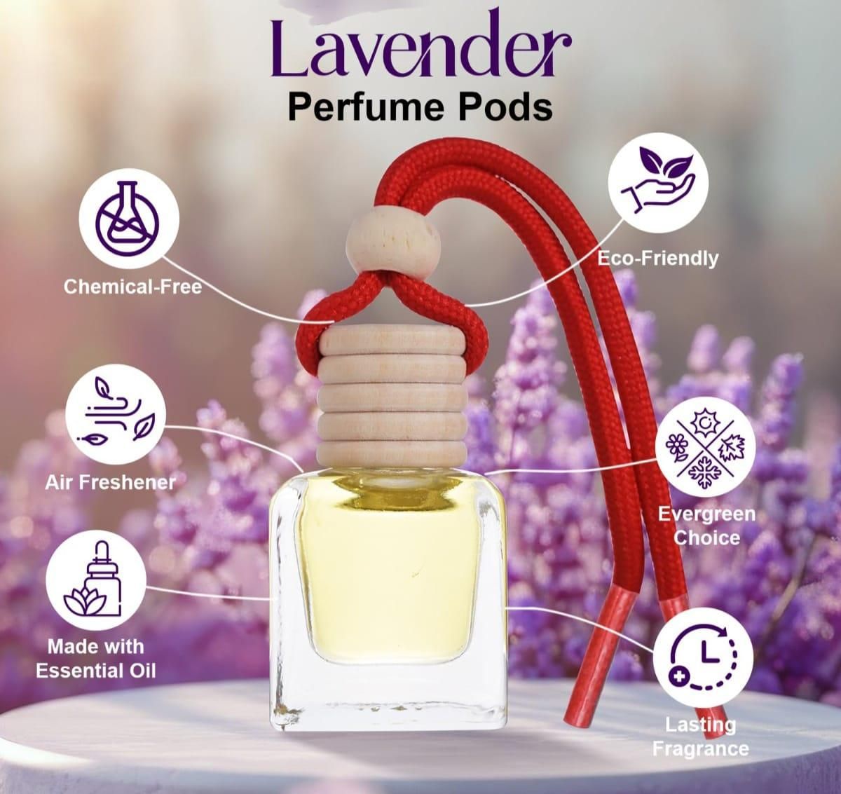 Lavender car air freshener in a glass bottle with a red cord for a refreshing and relaxing scent