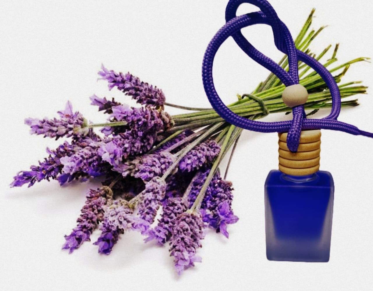 Lavender car air freshener in a blue bottle with a lavender bouquet for a refreshing scent