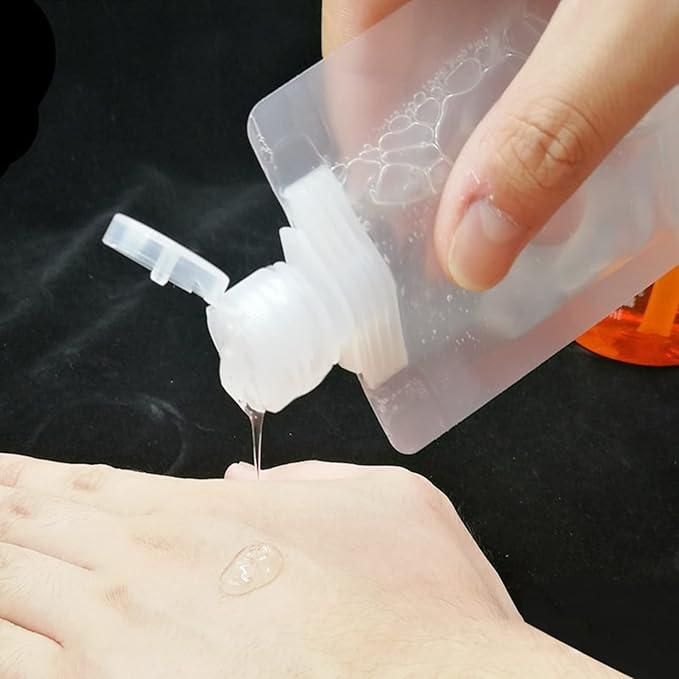 THE GIR FARMER leakproof travel pouches for liquids dispensing clear gel onto hand