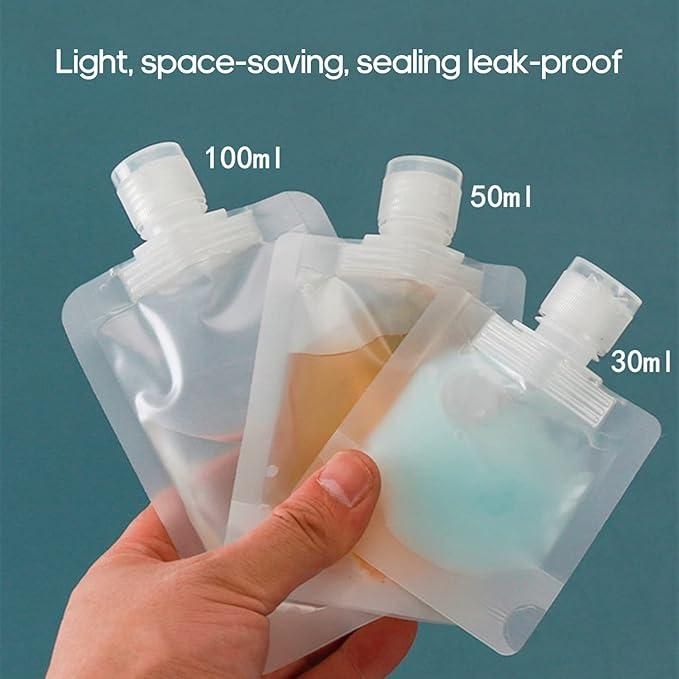 THE GIR FARMER leakproof travel pouches for liquids in 30ml 50ml and 100ml sizes held in hand