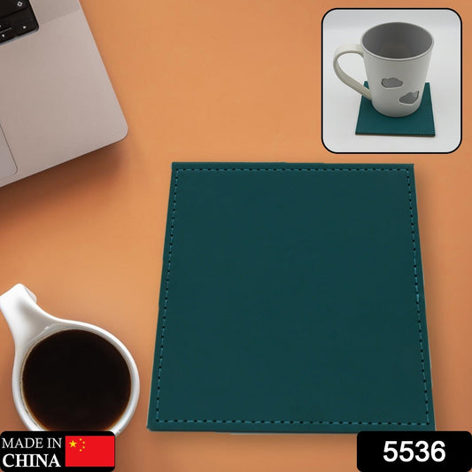 Your Brand leather tea coaster in teal color designed to protect surfaces from beverage stains