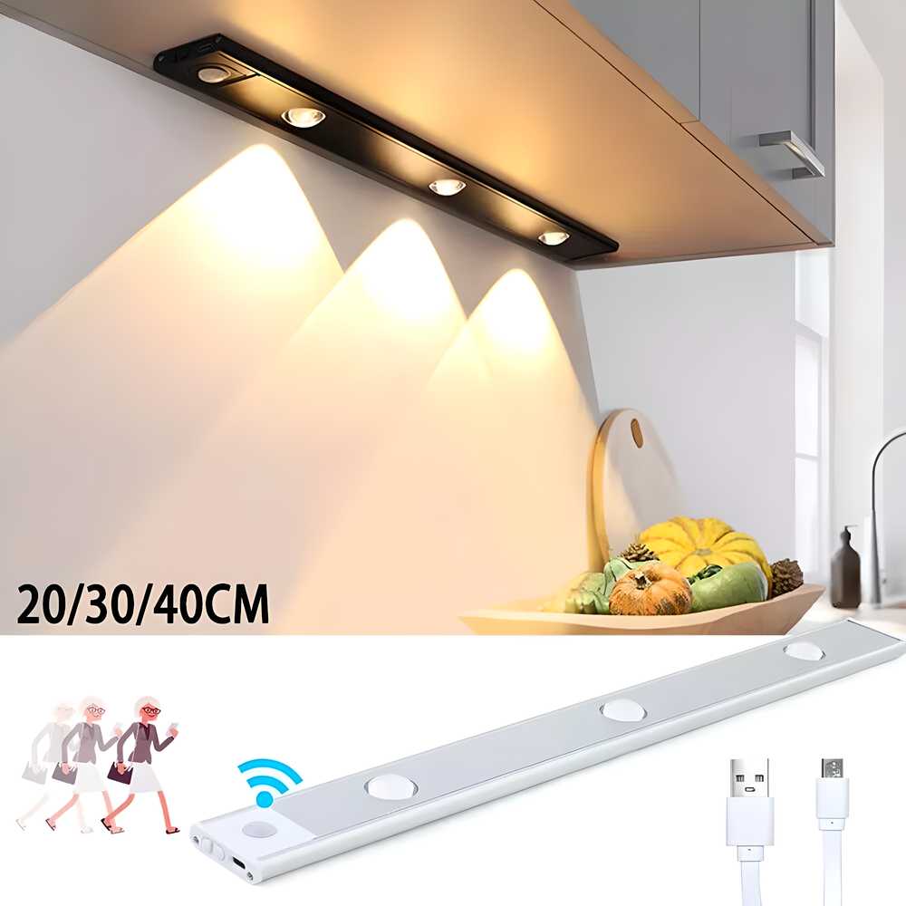 Black LED motion sensor cabinet light installed under kitchen cabinet illuminating countertop area