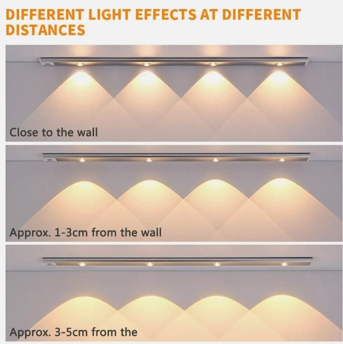 LED motion sensor cabinet light showing different light effects at various distances from the wall