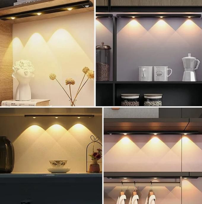LED motion sensor cabinet light mounted under shelves providing warm illumination in various home settings
