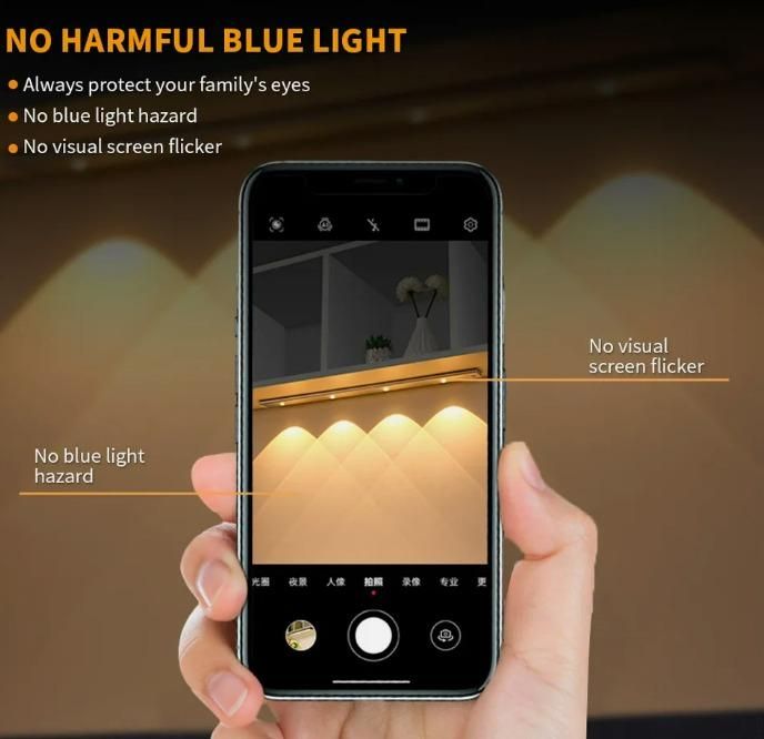 LED motion sensor cabinet light showing warm lighting with no blue light hazard or screen flicker