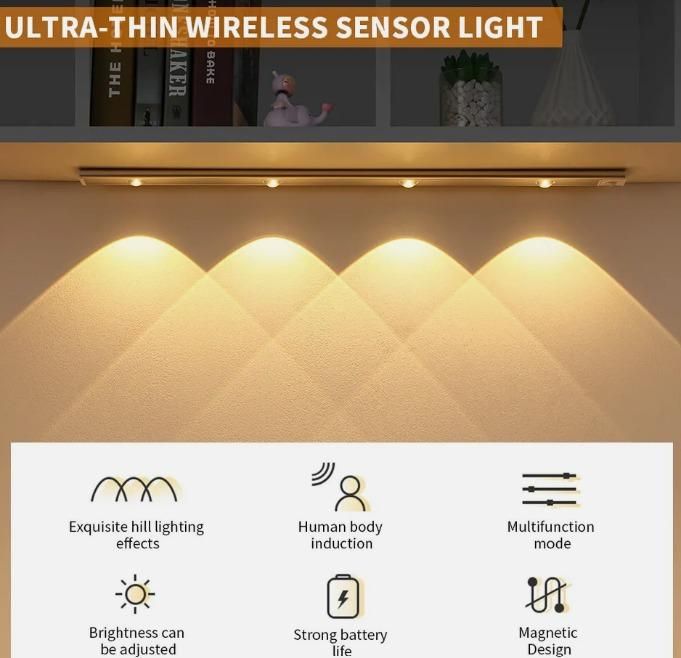 Ultra-thin wireless LED motion sensor cabinet light mounted under a shelf with warm white lighting