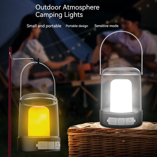 LED rechargeable camping lantern with warm and cool light settings, perfect for outdoor gatherings