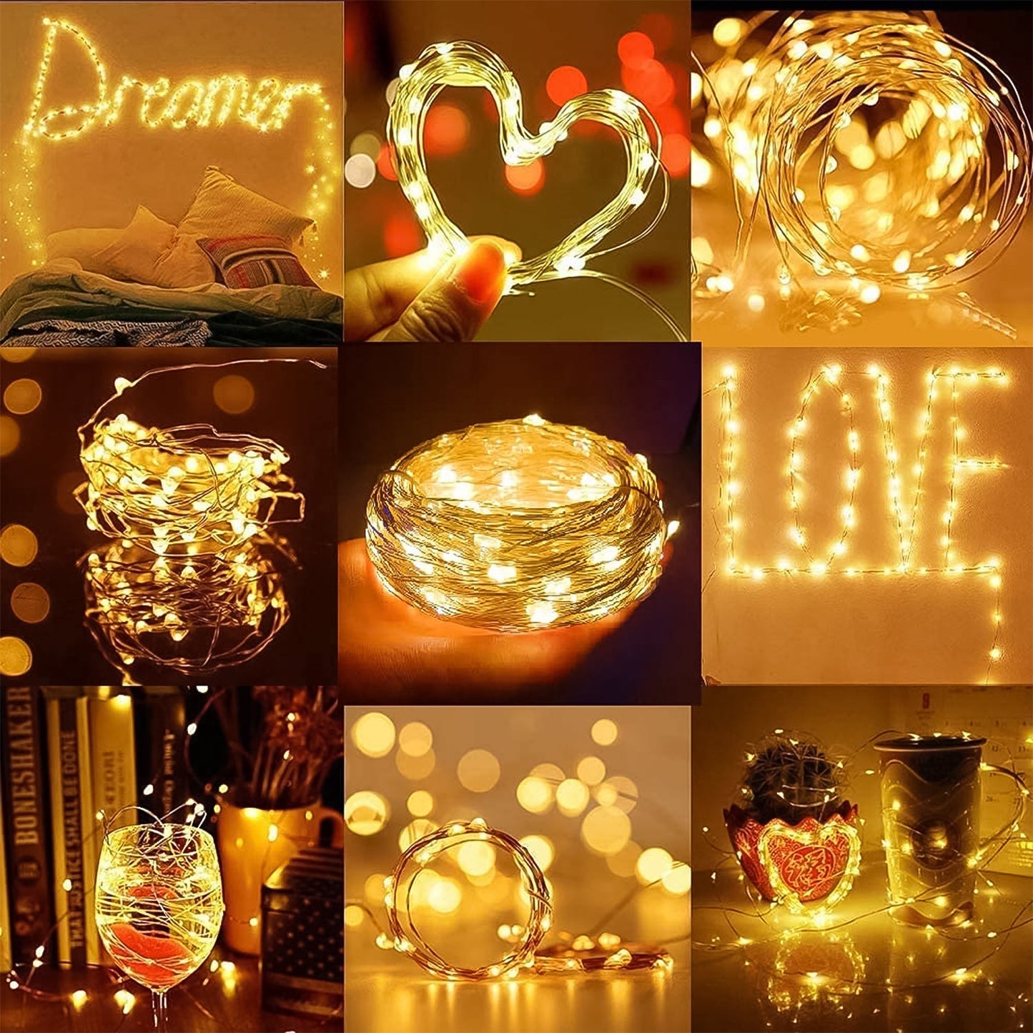 LED waterproof fairy lights arranged in various shapes and settings for festive decoration