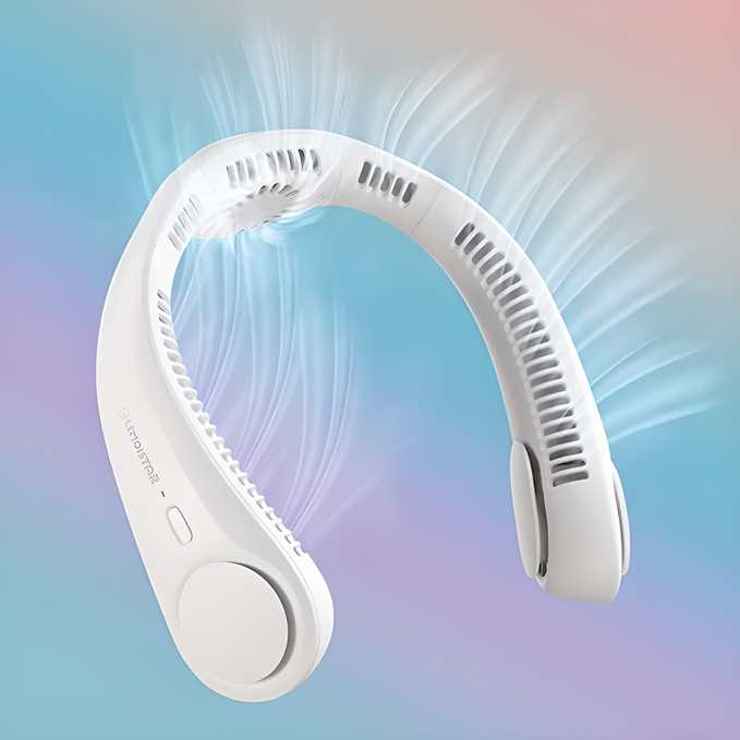 White lightweight travel neck fan with ergonomic design and multiple air vents for personal cooling