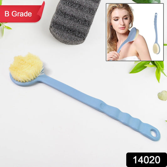 Blue long handle back scrubber for shower with soft bristles for effective cleaning