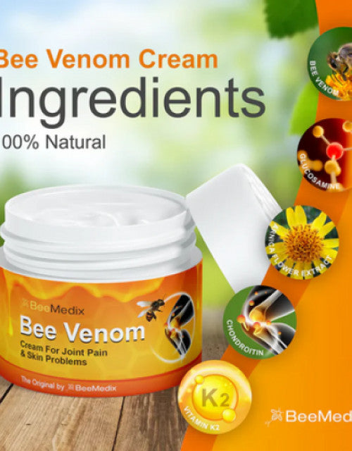 Bee venom pain relief cream jar by The Gir Farmer for joint pain and skin problems with natural ingredients