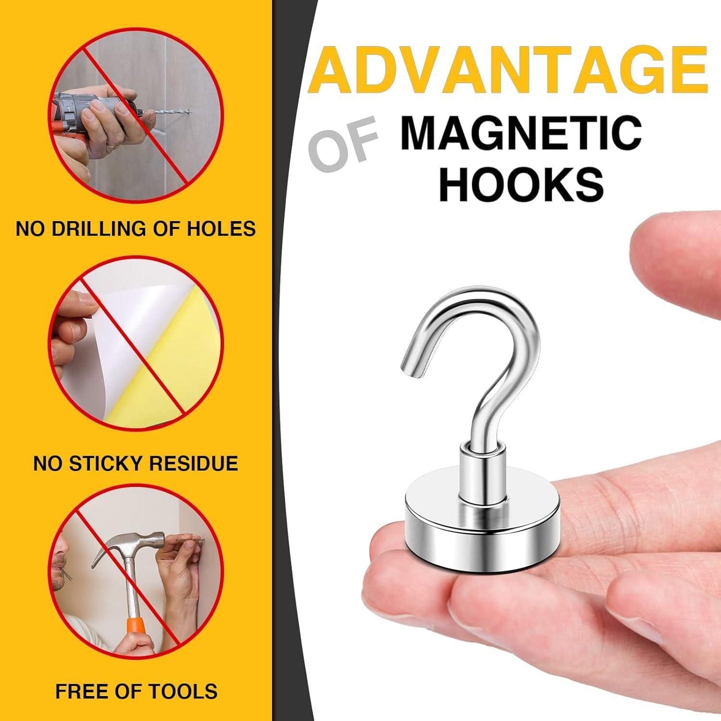 THE GIR FARMER heavy duty magnetic hanging hooks shown held in hand with stainless hook and no drilling required