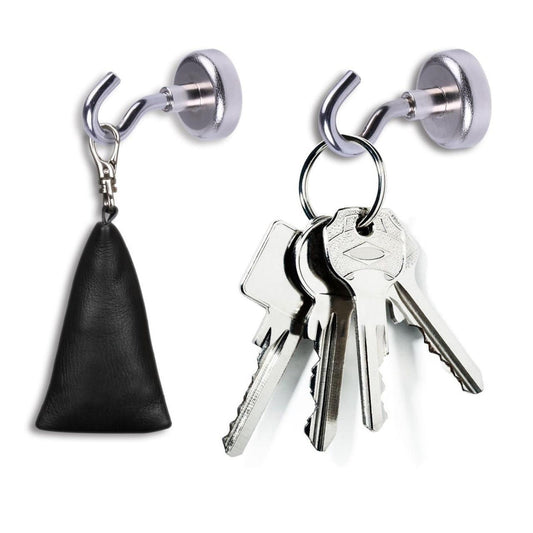 THE GIR FARMER heavy duty magnetic hanging hooks holding a key ring and leather key pouch on white background