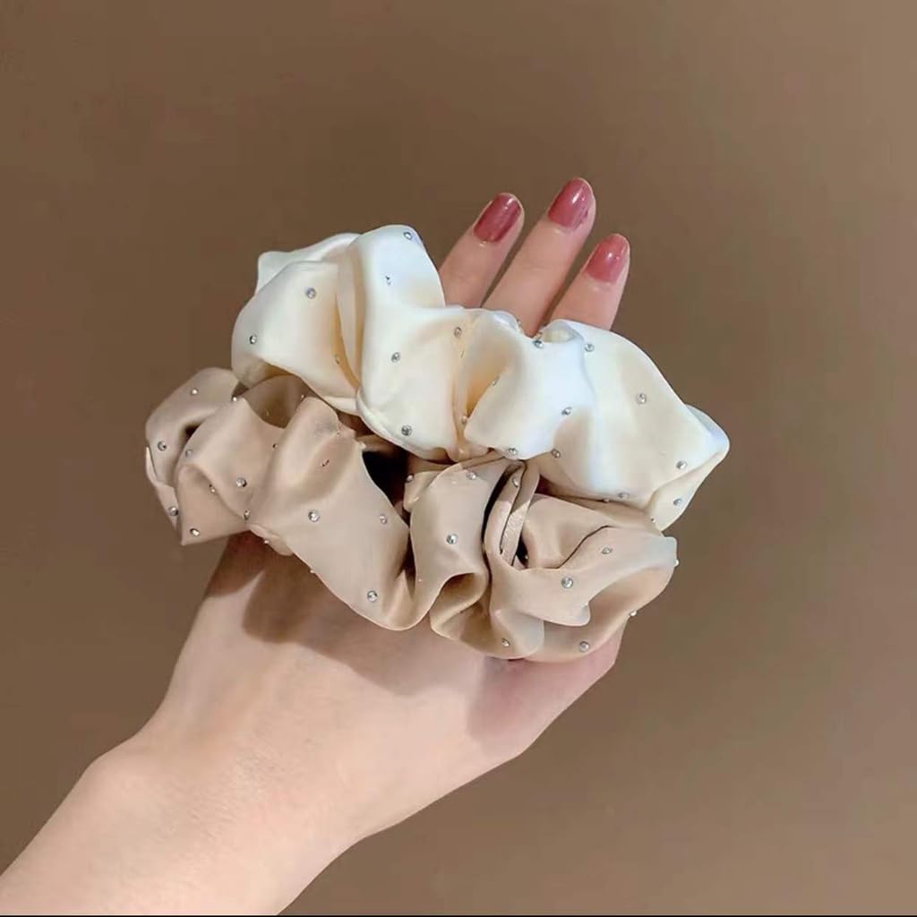 Luxury silk scrunchie for women in cream and beige colors with small decorative beads