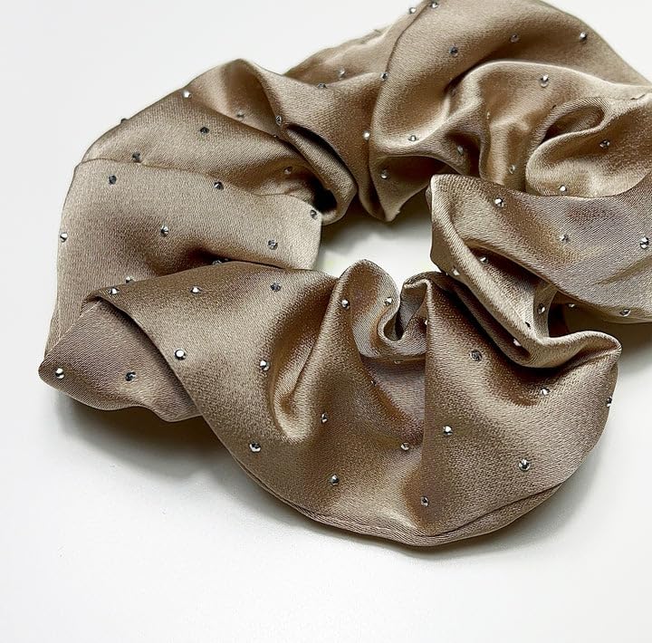 Luxury silk scrunchie for women in beige with small sparkling rhinestones for elegant styling
