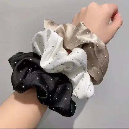 Luxury silk scrunchie for women in black white and beige with small decorative rhinestones
