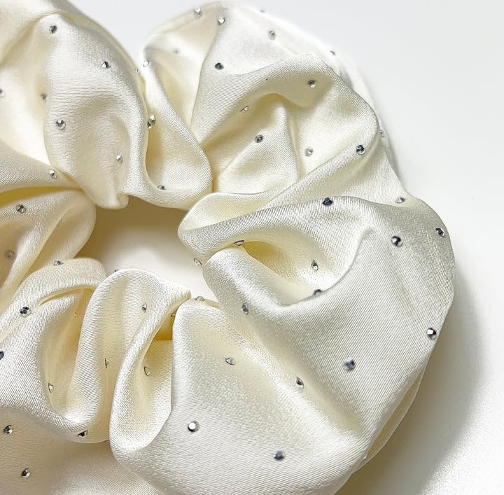 Luxury silk scrunchie for women in ivory with small sparkling rhinestone embellishments