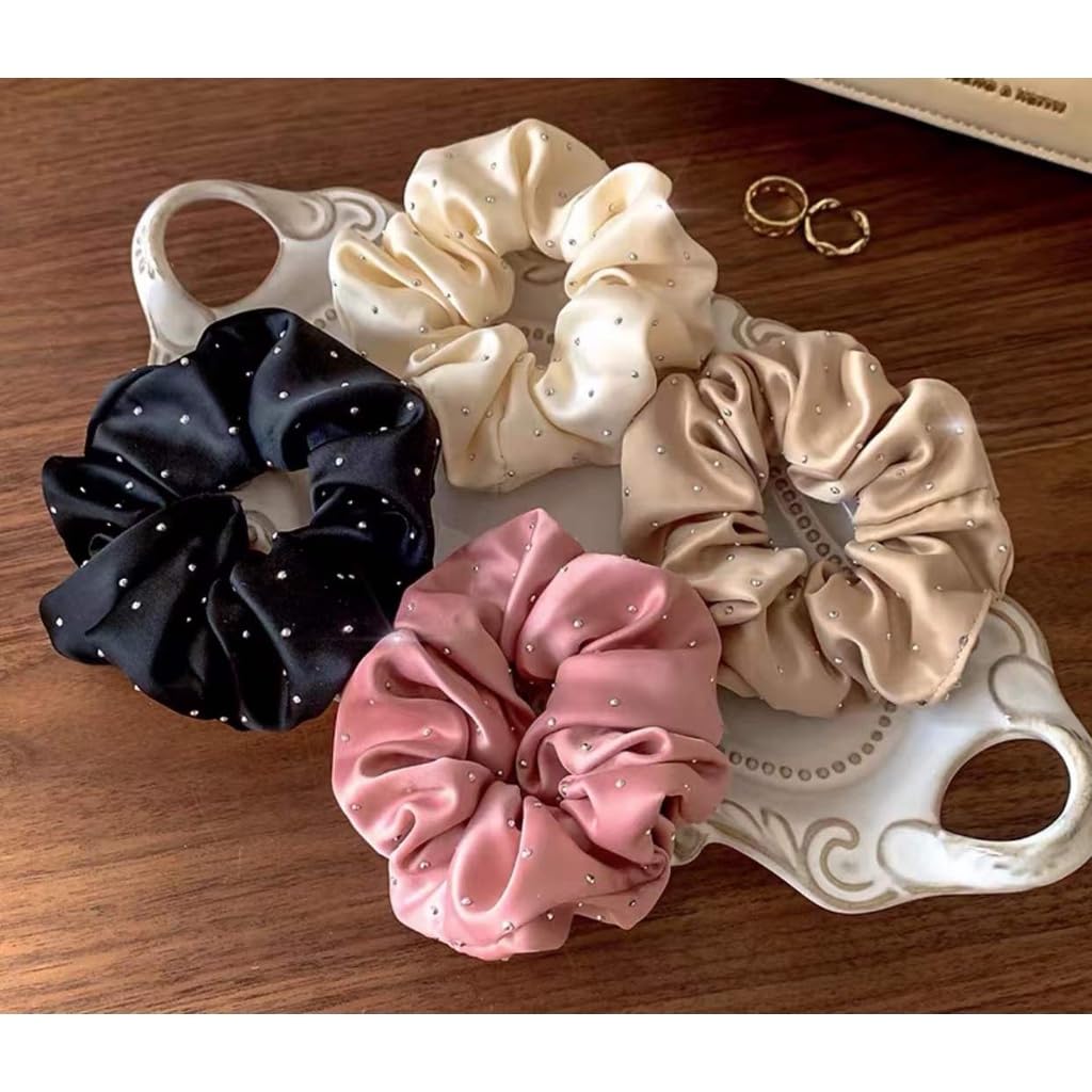 Luxury silk scrunchie for women in black, cream, beige, and pink colors with rhinestone accents