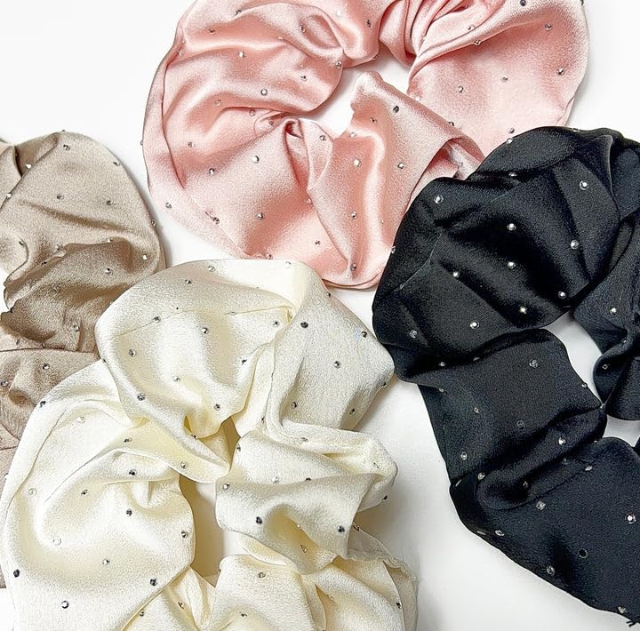 Set of luxury silk scrunchie for women in pink, black, white, and beige with small decorative dots