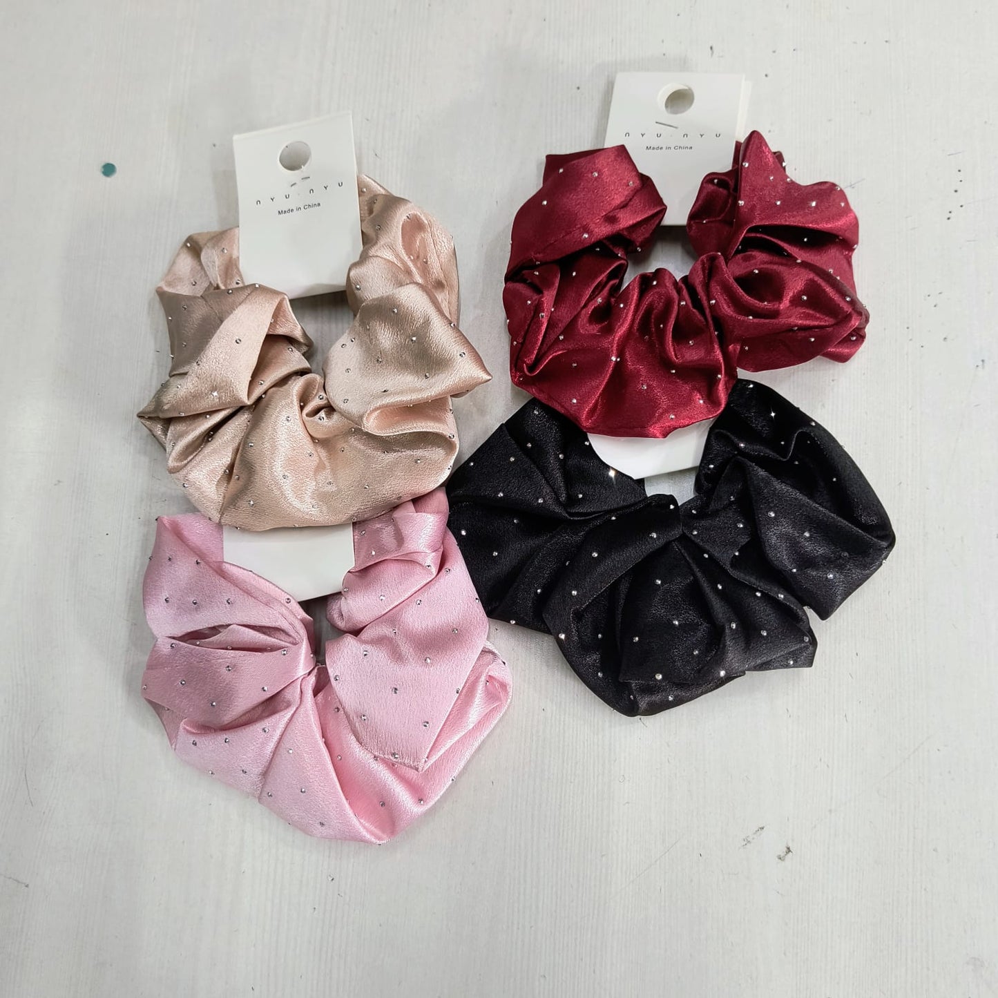 Amd-Deodap luxury silk scrunchie for women in beige, red, pink, and black with rhinestone accents