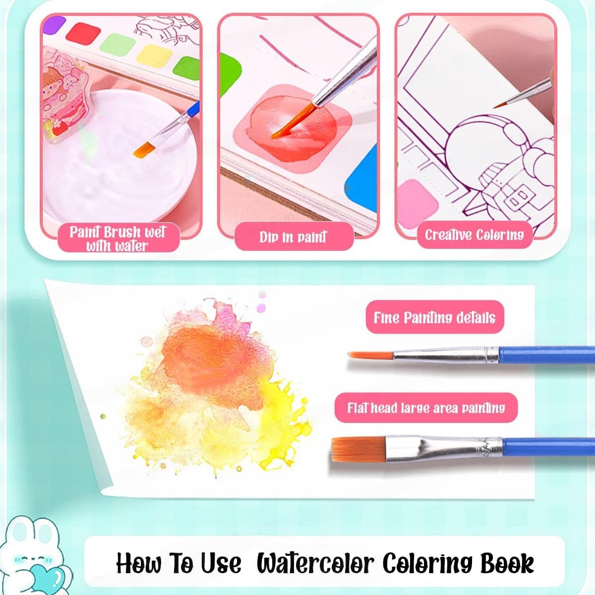 How to use the magic water coloring book for kids with paint brushes dipping in water and paint for creative watercolor art