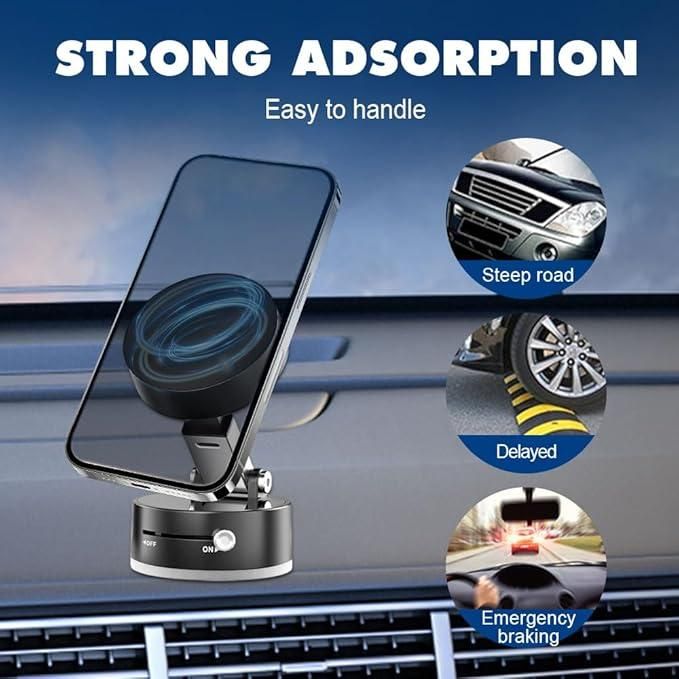 Magnetic car dashboard phone holder shown on car dashboard with strong adsorption for steep roads delayed and emergency braking