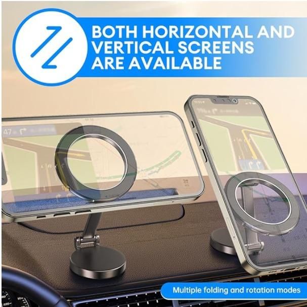 Magnetic car phone holder on dashboard holding phone in horizontal and vertical screens with folding and rotation modes