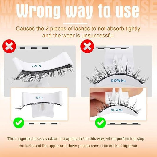 Guide showing incorrect use of magnetic eyelashes pair for proper application techniques