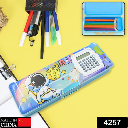 Colorful magnetic geometry box for students featuring an astronaut design and a built-in calculator