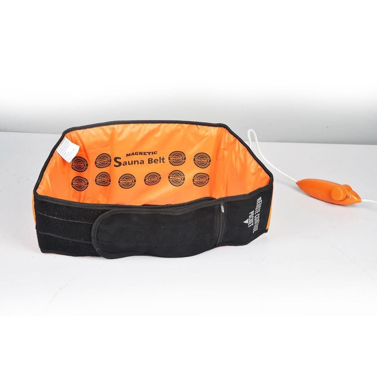 Magnetic waist trimmer for stomach in black and orange with adjustable strap and control device