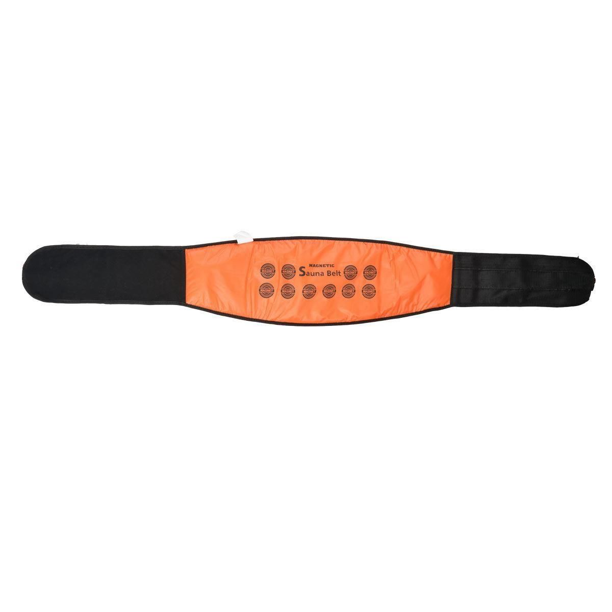 Orange and black magnetic waist trimmer for stomach with adjustable fit and sauna belt design