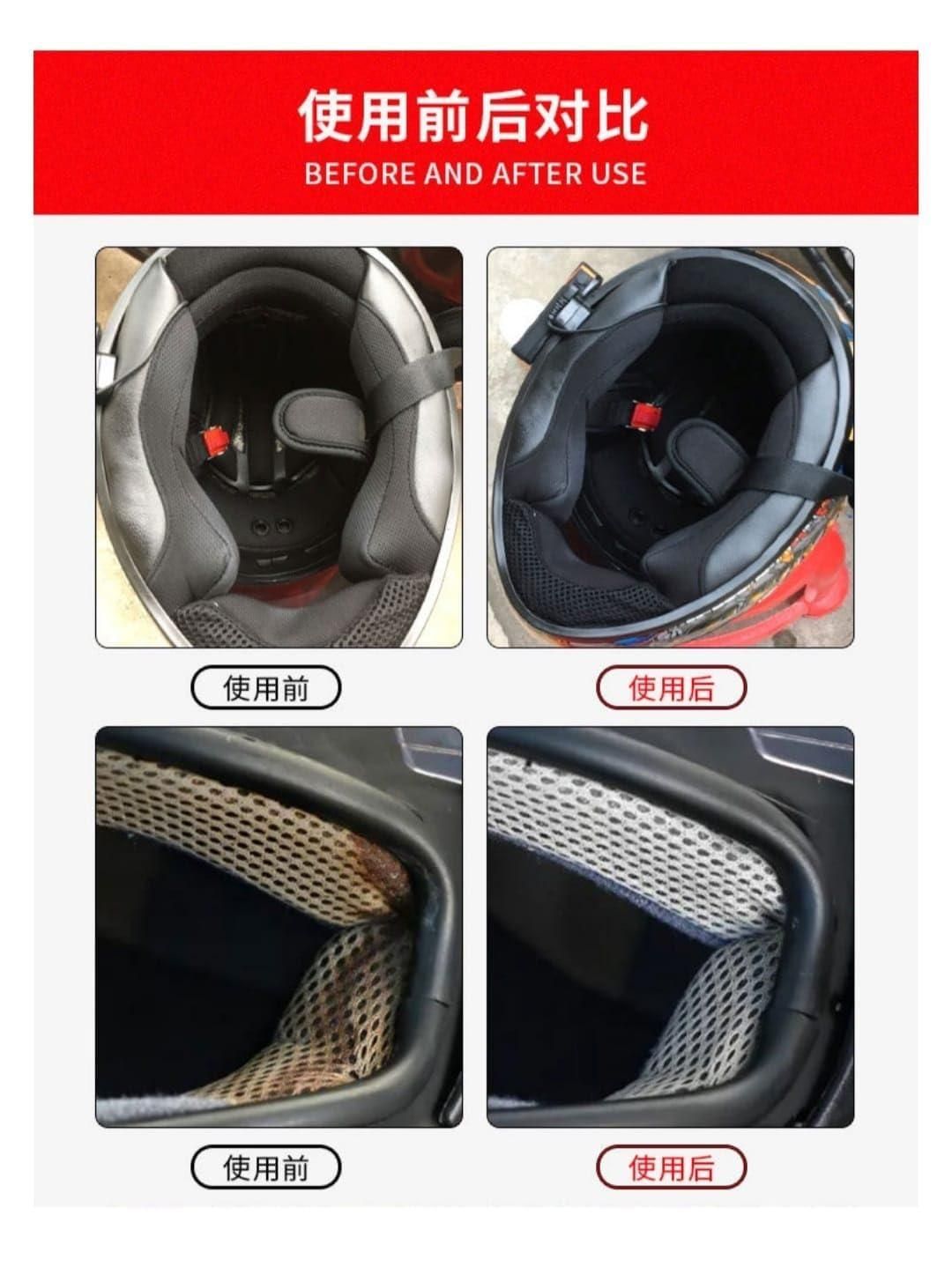 Before and after use of helmet dry cleaning spray showing cleaner and fresher helmet interior