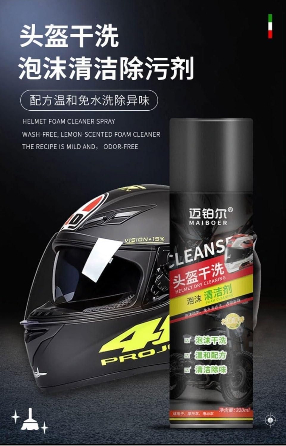 THE GIR FARMER helmet dry cleaning spray foam cleaner next to black motorcycle helmet with yellow number 46