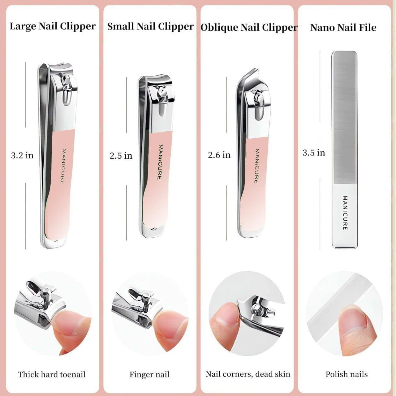 Set of durable nail grooming tools including large, small, oblique nail clippers and a nano nail file