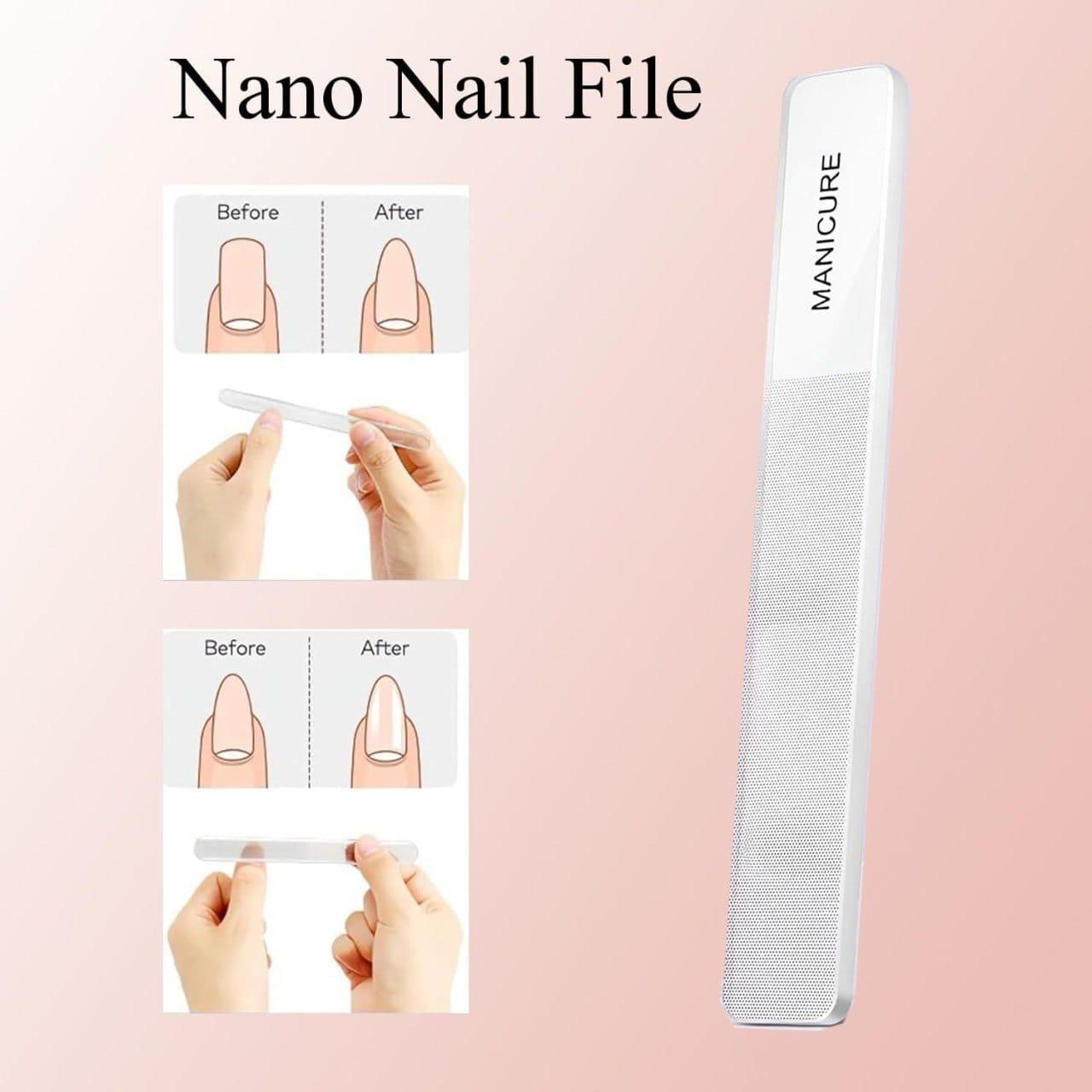Durable nail grooming tools nano nail file with before and after images showing smooth manicured nails