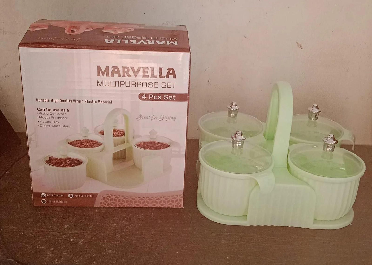 Marvella multipurpose 4-piece airtight snack jars for home with green lids and a matching tray set