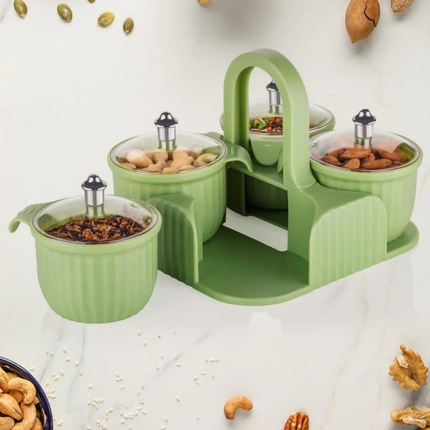 Green airtight snack jars for home with clear lids and a matching caddy by THE GIR FARMER