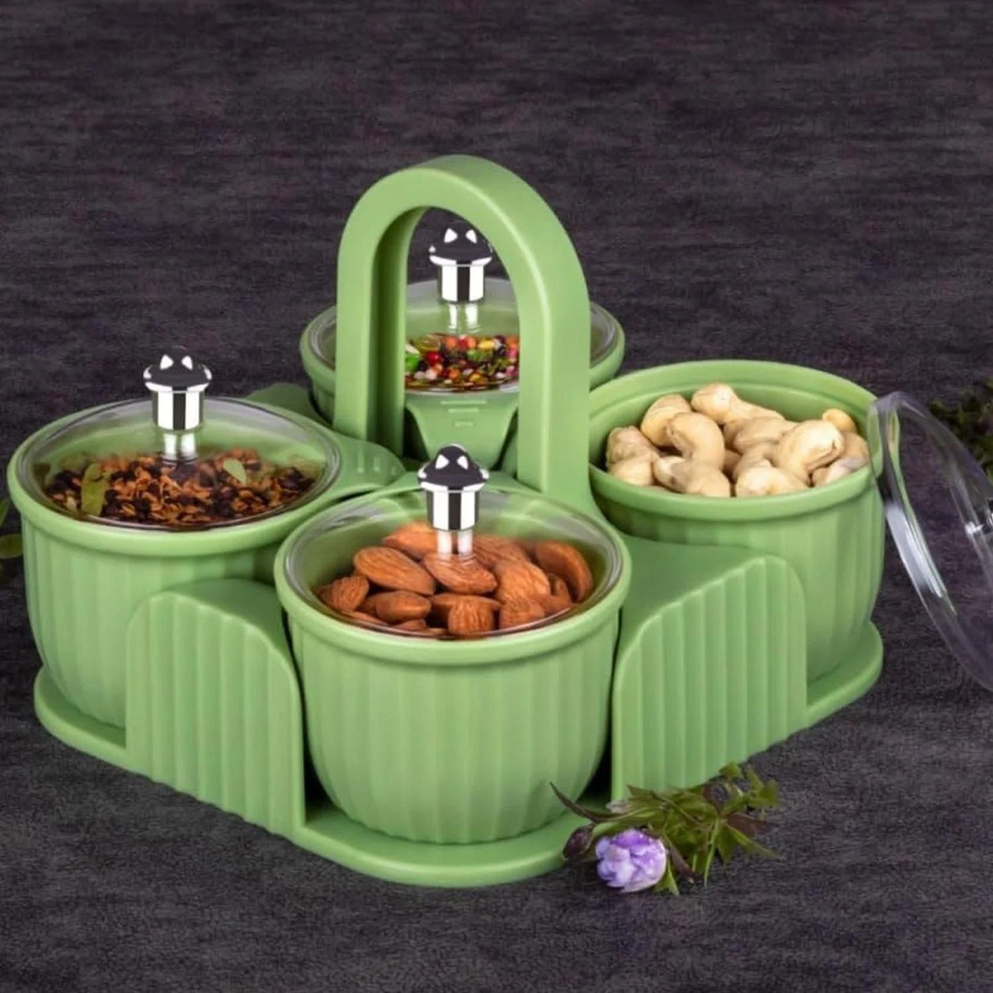 THE GIR FARMER airtight snack jars for home in green with clear lids filled with nuts and spices