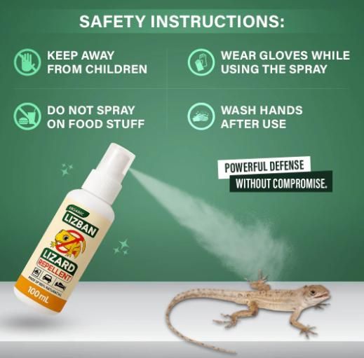 THE GIR FARMER chemical-free lizard control spray bottle repelling a lizard with safety instructions