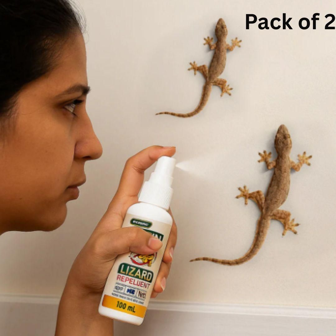 Woman using THE GIR FARMER chemical-free lizard control spray to repel lizards on wall pack of 2 bottles