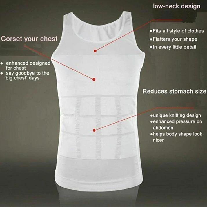 Men's compression vest in white with low-neck design for enhanced chest support and tummy reduction